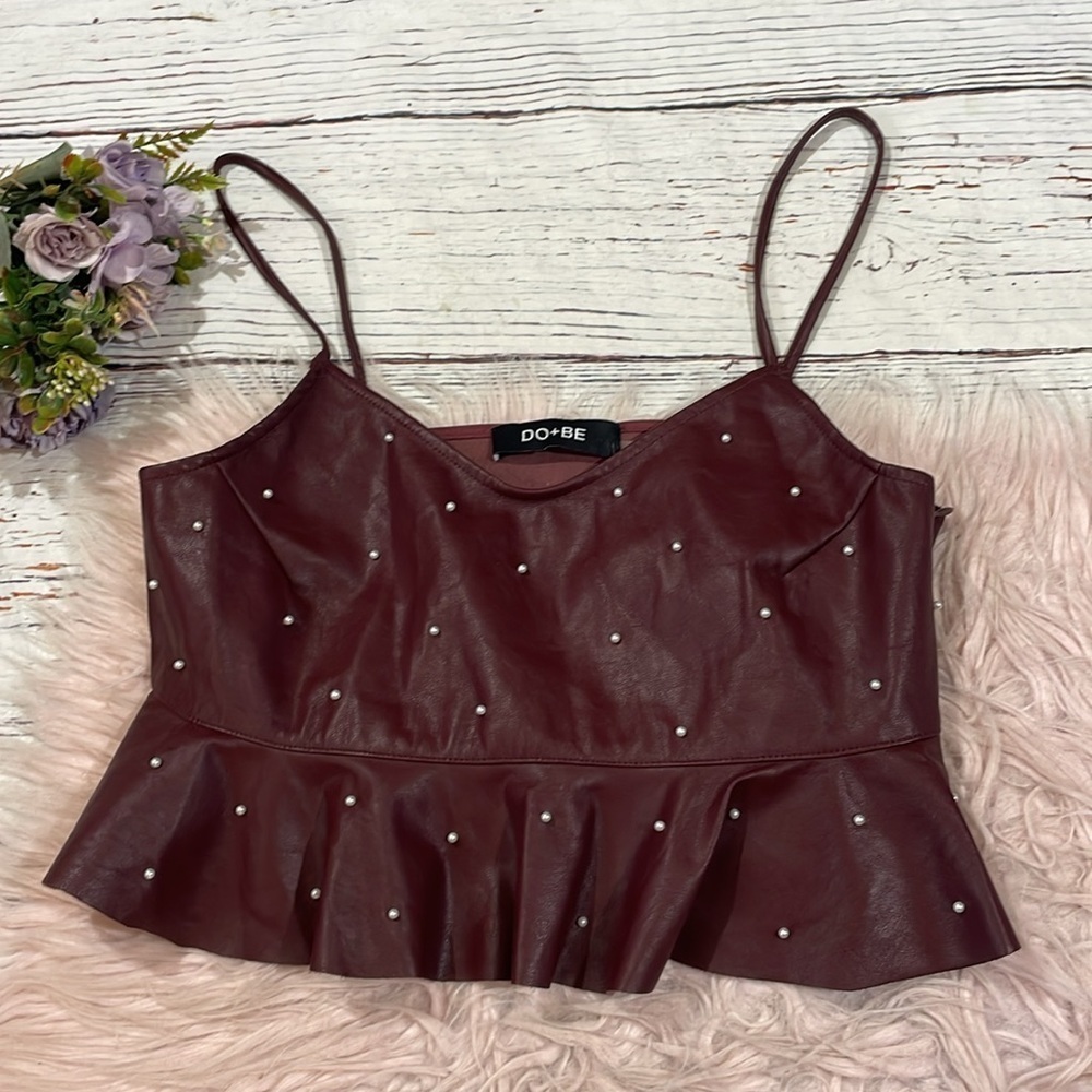 NWT DO+BE Maroon Faux Leather Pearl Peplum Crop Top